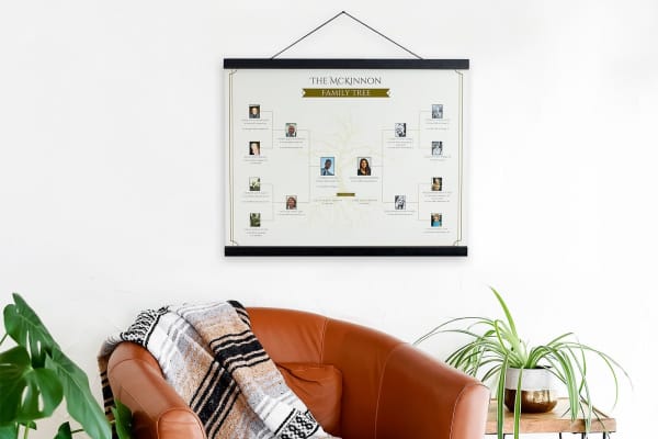 A Family Tree Poster hangs from black magnetic poster rails over a comfortable leather chair.