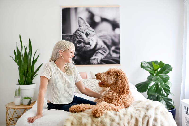 A woman and her dog sit on a bed in front of a giant black and white Engineer Print of a cat.