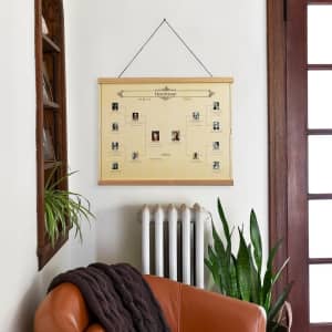 An Instagram photo shows a Family Tree Poster hanging from magnetic wood poster rails in a living room.