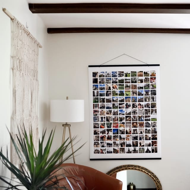 A 3x4 foot Engineer Print with a grid of 130 photos hangs from black Poster Rails in a living room. A 3x4 foot Engineer Print with a grid of 130 photos hangs from black Poster Rails in a living room.