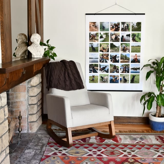 A 3x4 foot Engineer Print with a grid of 30 photos hangs from wood Poster Rails next to a fireplace and a rocking chair. A 3x4 foot Engineer Print with a grid of 30 photos hangs from wood Poster Rails next to a fireplace and a rocking chair.