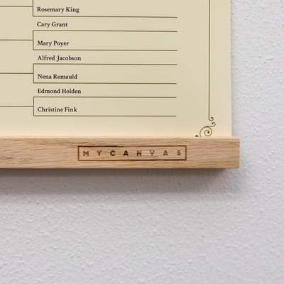 A close-up of the bottom of a MyCanvas Family Tree poster, showing ancestor names and a wooden hanging rail engraved with MYCANVAS.