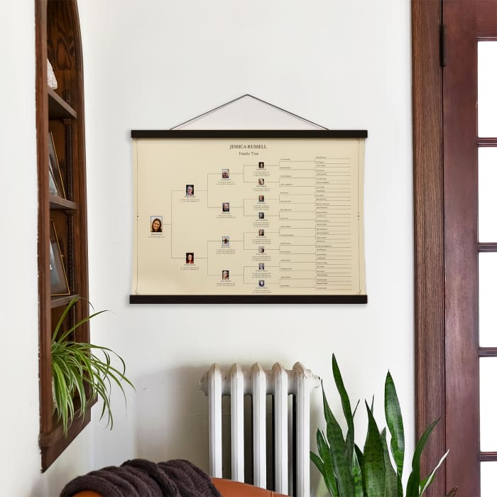 A Family Tree Poster with a vintage inspired design, showing the Henderson family, hangs from poster rails next to a bookshelf.