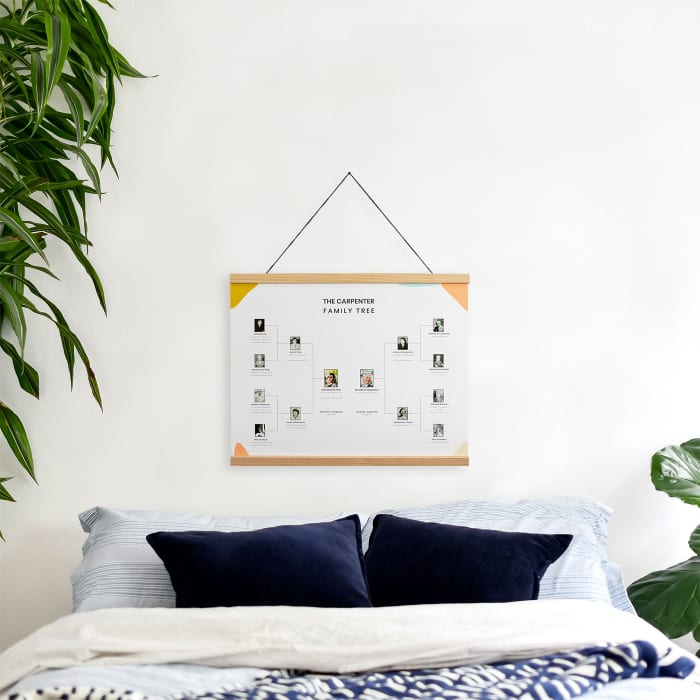 A MyCanvas Family Tree Poster hangs over a bed, a daily reminder of the love of family.