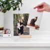 A Classic Print of two women is displayed using a Wood Block. A hand reaches in holding a photo of a cat.