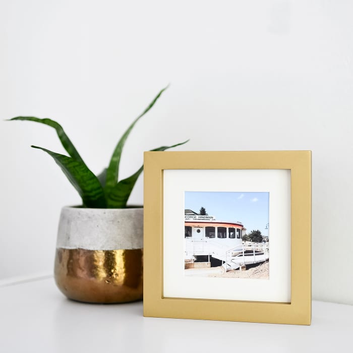 A Gold Square Frame is placed next to a potted plant.