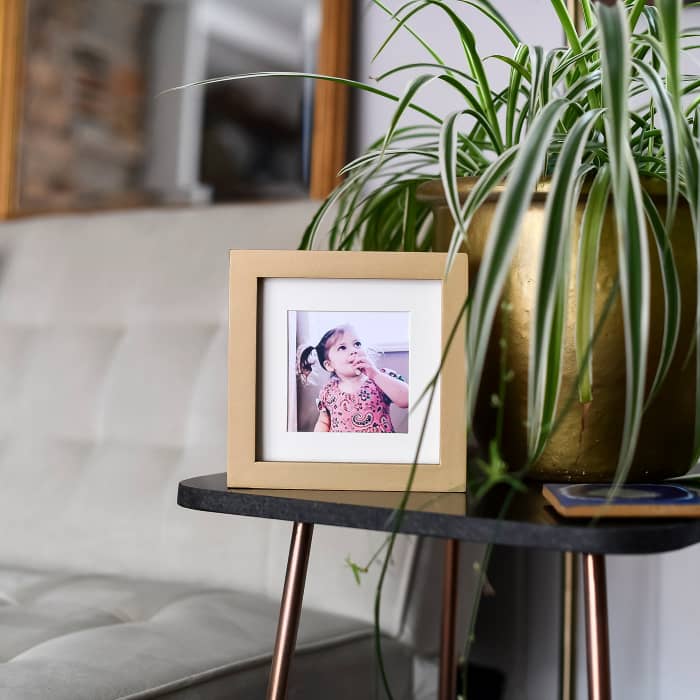 A Gold Square Frame and potted plant decorate a side table.