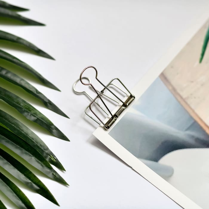 A closeup of a Small 2 inch Skeleton Clip clamped onto a thick photo print.