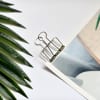 A closeup of a Small 2 inch Skeleton Clip clamped onto a thick photo print.